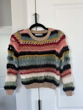Alice + Olivia Carly Mixed Yarn Striped Crochet Crewneck Sweater